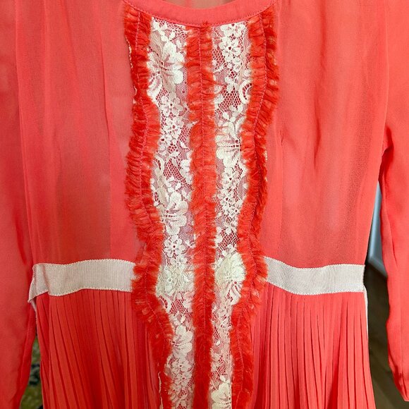 Free People Red Orange Sheer Chiffon Dress Lace Trim Ribbon Belt Womens Size 0 - Picture 6 of 16